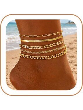 Women's 14k Gold Plated 5 Waterproof Cuban Link Chain Layered Anklet Bracelets